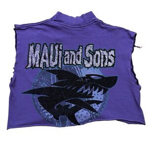 Vintage 1980s Maui and Sons Grunge The Great Shark Purple Hawaii Surf Crop Top